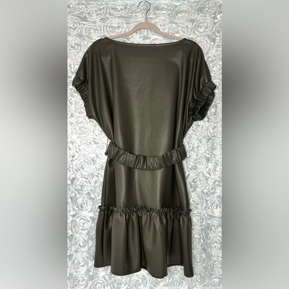 Inclan Studio Faux Leather Dress Size Small Loose Fitting Dress Olive Color - Picture 3 of 10
